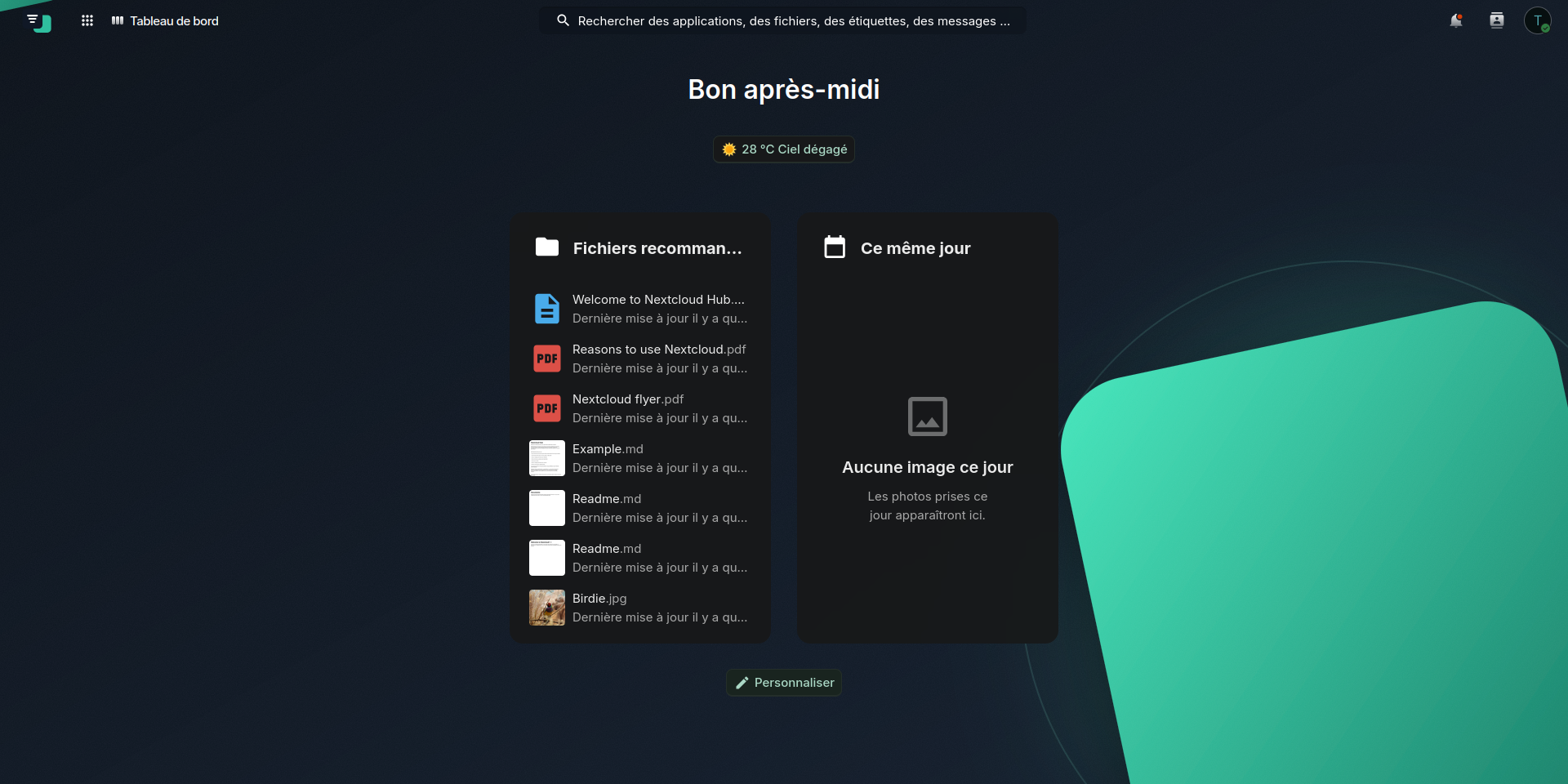 Tableau de bord de l'interface Nextcloud Tomeira